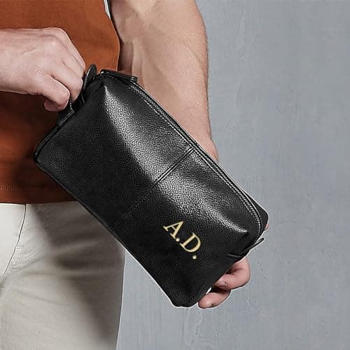 Personalised Wash Bag Embroidered Faux Leather Wash Bag Mens Toiletry Bag - Black WashBag Men Vegan Leather Toilet Bag Initials Travel Gift — view 3