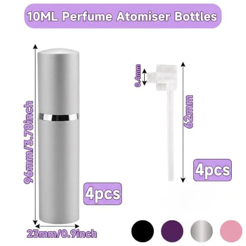rietegio 10ML Perfume Atomiser 4Pcs Refillable Travel Spray Bottle Portable Empty Perfume Dispenser Mini Atomizer for Purse, Handbag, Pocket and Luggage (Black Silver Pink Purple) — view 2