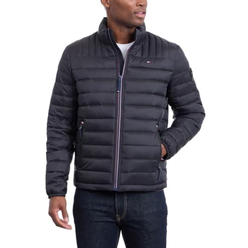 Tommy Hilfiger Men's Lightweight Down Alternative Packable Puffer Jacket Coat, Black, L