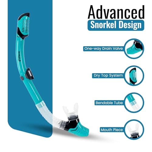 Two Bare Feet Adults Snorkel and Mask Set – Dry Top Silicone Snorkel, Anti-Fog Tempered Glass Dive Mask – Leak-Proof, Adjustable Fit for Swimming, Snorkelling & Diving Holidays (M2006S+S11S (Teal)) — view 4