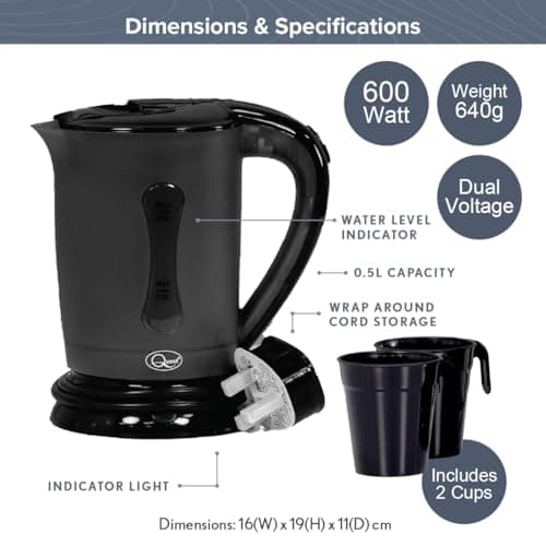 Quest Black Compact Travel Kettle, 0.5 Litres, 600 Watt & Dual Voltage for Worldwide Use, Includes 2 Lightweight Cups, Auto Cut-Off Switch, Fits in Bags & Suitcases (35690) — view 2