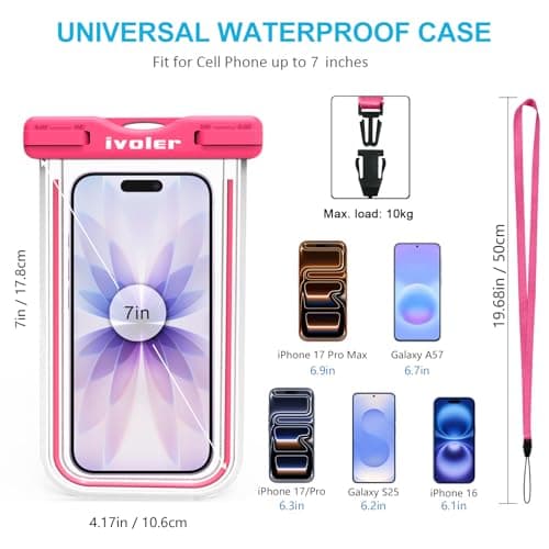ivoler Waterproof Phone Pouch, 2-Pack IPX8 Universal Fluorescent Design Waterproof Case Dry Bag for swimming Compatible for iPhone 15 14 13 12 11 Pro Max XR,Samsung,Huawei etc up to 7" (Black+Rose) — view 2