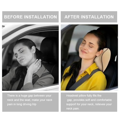 Alaoo Car Neck Support Pillow, Car Seat Headrest for Relieving Neck Fatigue with Adjustable Strap, Soft Memory Foam and Breathable Removable Cover for Passenger or Driver, Beige with Black Trim — view 5
