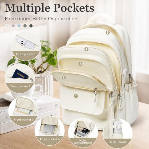 WEPOET Multi Pocket Backpack For School Womens Men, Waterproof Book bag Secondary For Girls Boys, Lightweight Large Capacity Rucksack Casual School Bags(Beige) — view 3