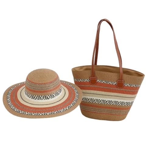 Kouoybt Women Straw Tote Bag and Straw Hat Set Striped Beach Hat and Bag Set Large Capacity Shoulder Bag (Style 3, One Size)