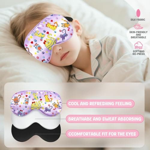 NganSuRong 2 Pack Sleep Mask for Kids Girls，Silk Eye Mask for Sleeping with Adjustable Strap Cute Blindfold Adult Children's Bedtime Eye Cover for Travel Nap Party Supplies (Pink) — view 5