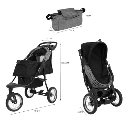 Foldable Pet Jogger Grey Travel Stroller Small Medium Dog Cat Pushchair 22kg Capacity Pram Buggy Carrier 3 Tubeless Wheels Brakes Leashes Canopy Mesh Windows Basket Cup Holders Caddy Bag Rain Cover — view 5