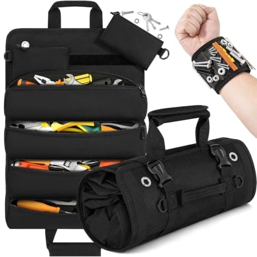LASUK Heavy Duty Tool Roll Bag 52×33 CM with Magnetic Wristband, Black