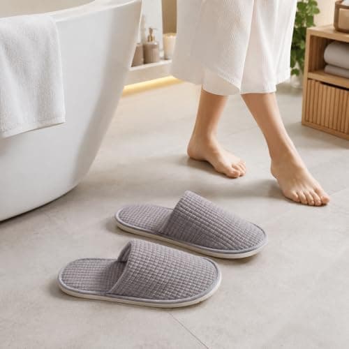 LYCN 12 Pairs Disposable Slippers - Non-Slip Soft Fleece Guest Slippers, Washable Hotel Slippers in Khaki and Grey for Men and Women, Home, Travel, Spa, Indoor — view 3