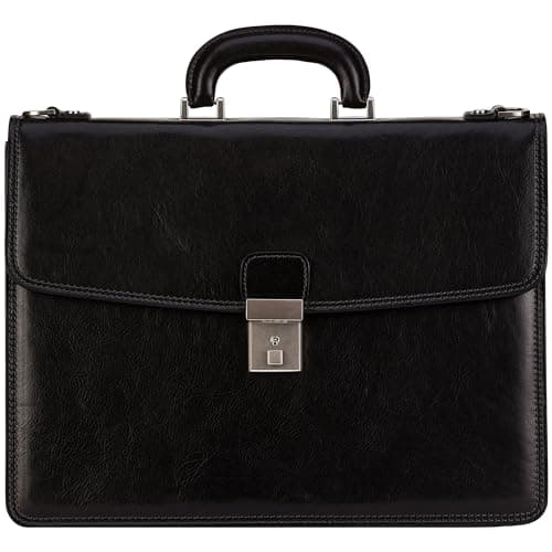Time Resistance Leather Briefcase - Full Grain Leather Attache Case - Laptop Bag (Black)
