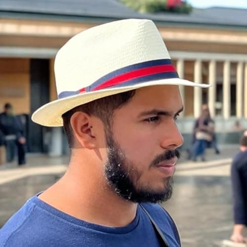 RockParty Unisex Panama Style Straw Fedora Hat – Classic Summer Trilby Sun Hat for Beach, Travel, Outdoor Fashion & Holiday Wear (Beige Black & Blue) — view 3