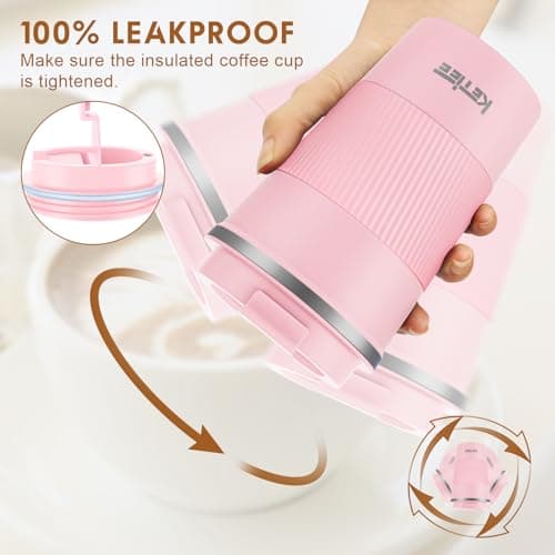 KETIEE Travel Mug Insulated Coffee Cup Reusable Coffee Cups Travel Mugs with Leakproof Lid, Double Walled Coffee Travel Mug, Stainless Steel Coffee Mug for Hot Cold Drinks, 380ml Pink — view 4