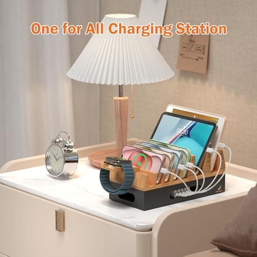All In One Family Dock Station, Wooden Bamboo Charge Stand-Natural+Black — view 5