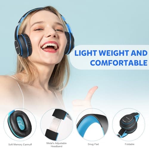 WorWoder Bluetooth Headphones Over Ear, 80 Hours Playtime Wireless Headphones with Microphone, Foldable Lightweight Headset with Deep Bass,HiFi Stereo Sound for Travel Work PC Cellphone (BLUE) — view 4
