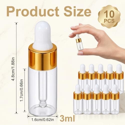 Guline 3ml Mini Dropper Bottles for Travel, 10 Pack Mini Glass Pipette Dropper Bottle with Gold Cap, Empty Refillable Sample Containers for Essential Oils Perfume and Cuticle Oil — view 2
