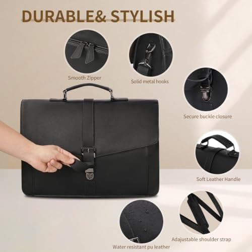 ESTARER Men's Leather Briefcase 17.3 Inch Laptop Computer Bag for Office/Business/Travel, Large Satchel Professional Leather Messenger Shoulder Bag, Black — view 5