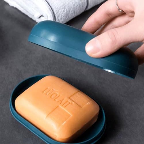 Lansonee 2 Pcs Covered Soap Trays, Leak-Proof & Sealable Travel Soap Box, Portable Soap Dish for Hiking, Gym, School, Bathroom - Dark Blue + Pink — view 3