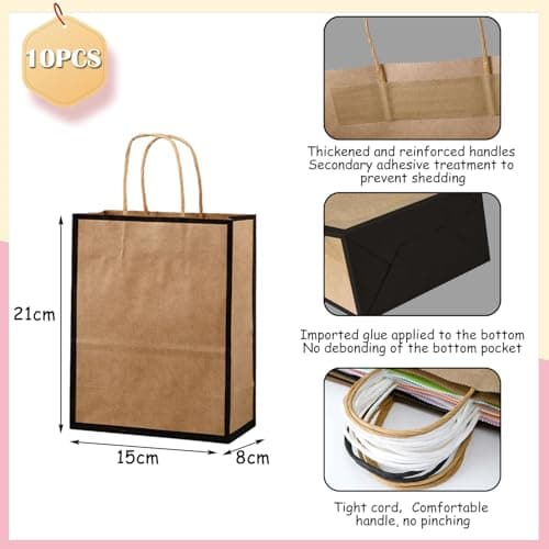 SHUBEIEUMI 10Pcs Kraft Paper Bags with Handles, Paper Party Bags 21x15x8cm Small Gift Party Bags, for Present, Candy, Cookie, Celebrations, Birthday-Brown with Black Border — view 2