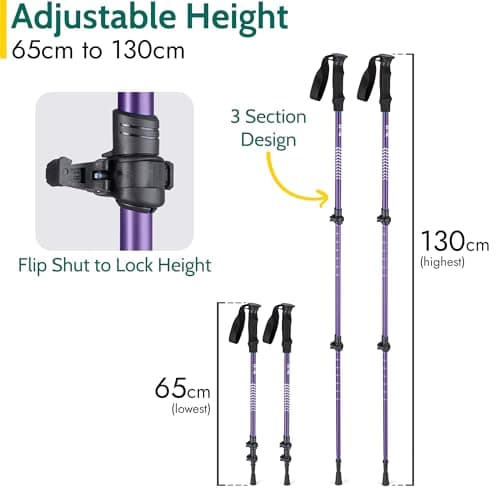 Trail Telescopic Walking Poles, 2 Pack, Adjustable 65–135cm, Purple — view 2