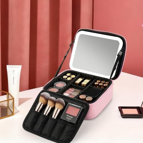 GREENSAPPIRE Travel Makeup Bag with LED Mirror Vanity Case with 3 Color Light Modes Adjustable Dividers Makeup Case for Women Travel Makeup Organiser Bag for Brushes Jewelry Toiletries (Pink) — view 6