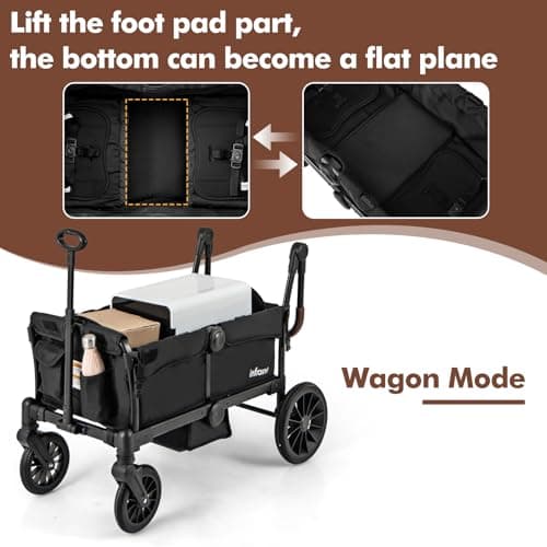 INFANS Wagon Stroller for 2 Kids, Collapsible Adjustable Push Pull Handle Bar, 2 Seater Stroller Wagon with Removable Canopy Snack Tray, Comfortable Drop-Down footwell and Upholstered Seats (Black) — view 5