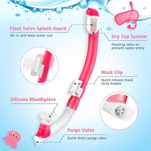 HIKOTEY Children's Snorkel Set, Anti-Fog and Dry Snorkel, Anti-Leak Dry Snorkel Set, 180° Panoramic Foresight with Waterproof Earplugs, Snorkelling Set for Boys Girls - Pink — view 4