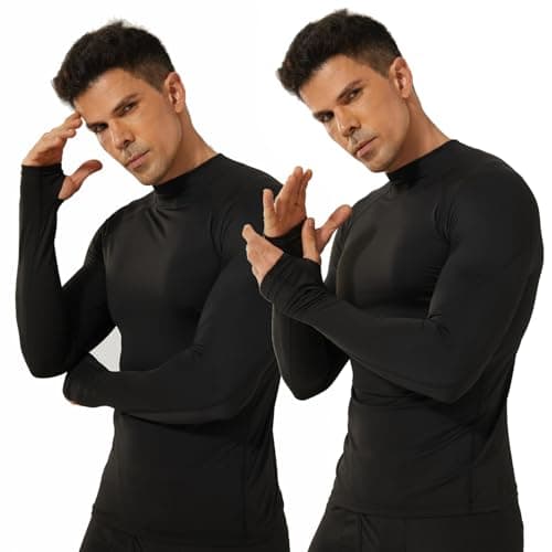 LANBAOSI 2 Pack Thermal Underwear for Men with Thumbholes Crewneck Long Sleeve Thermal Undershirt Men Base Layer Cold Weather, Black*2, Medium — view 2