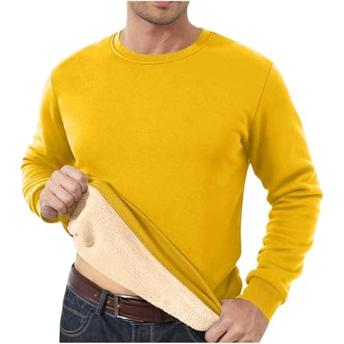 Mens Sweatshirts Warm Fleece Jumpers Sherpa Lined Pullover Sweater Classic Winter Sweatshirt Mens Fleece Lined Sweatshirts Warm Jumper Winter Crewneck Sweater Thermal Pullover Yellow