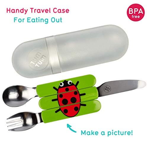 TUM TUM Toddler Cutlery Set with Travel Case, 3 Pcs Kids Cutlery Set Stainless Steel Includes 1 x Fork/Spoon/Knife, Kids Travel Cutlery Sets, BPA Free (Ladybird) — view 2