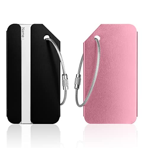 Luggage Tags, 2Pcs Aluminum Alloy Baggage Labels, Suitcase ID Tag Set, Handbag Tag Labels Travel Accessories for Checked Luggage, Hand Luggage and Handbags - Pink & Black