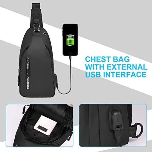 Aucuu Shoulder Bags Chest Bags, Usb Rechargeable Sling Bags, Crossbody Daypacks Small Backpacks, Anti-theft Waterproof Lightweight One Strap Rucksack Messenger Bags for Hiking, (Black) — view 3