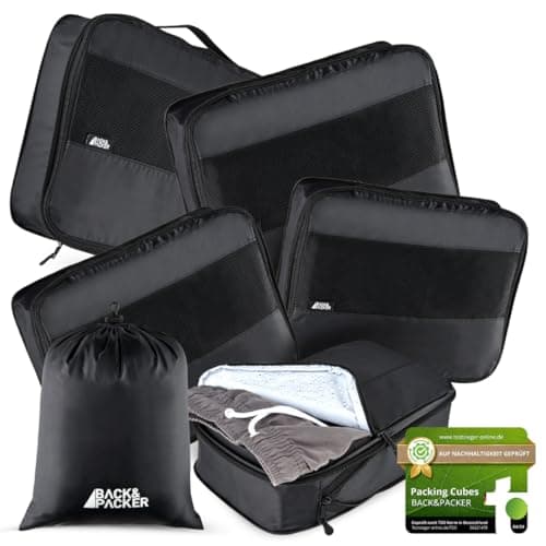 BACK&PACKER Packing Bags Set with Compression - 6 Pieces - Packing Cubes Made of Recycled Material - Lightweight Organiser for Backpack & Suitcase - Includes Wet Laundry Bag (Black)