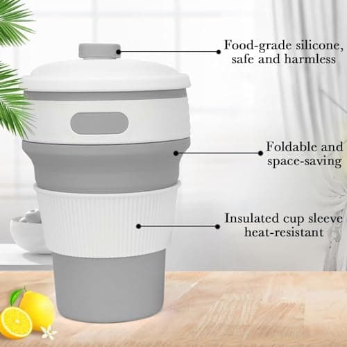 Accmuzzy 2 Pack Collapsible Cup with Lid, Foldable Travel Mug for Hot Drinks, Coffee Cup, Personalised Mug for Picnic, Camping, Hiking, Office (1 Grey 1 Green) — view 3