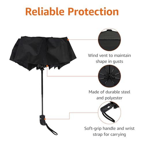 Amazon Basics Round Automatic Travel Compact Umbrella Windproof Strong, with Wind Vent, Black, One Size — view 2