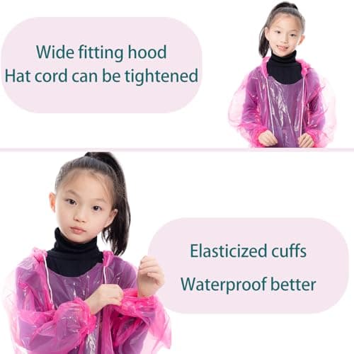 WUBAYI 7 Pack Kids Disposable Rain Poncho PE Material, Adjustable Drawstring Hood & Elastic Sleeves, Waterproof Reusable Plastic Ponchos for School, Travel, Camping, Outdoor Activities — view 2