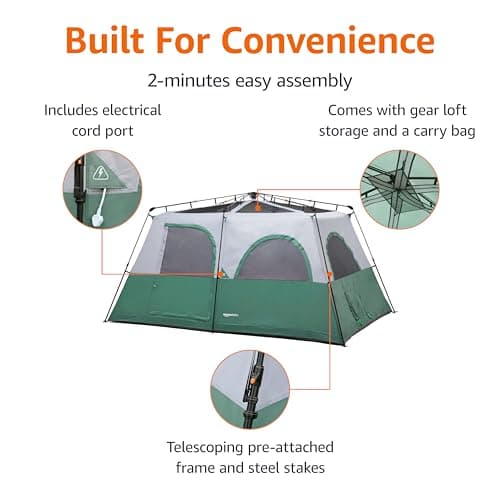Amazon Basics 10-Person Instant Camping Tent with Rainfly, Pre-Attached Telescoping Frame, Weather-Resistant, Quick Setup, Mesh Windows, Room Divider, for Large Group & Family, Green, — view 3