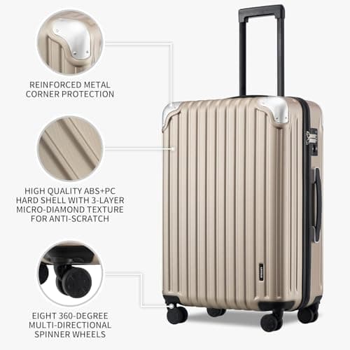 LEVEL8 Suitcase Set of 3, Carry-on Travel Luggage ABS+PC Hardshell Spinner Trolley for Business with Laptop Compartment, TSA (Champagne, 36L/68L/104L,3 Pcs Set) — view 2