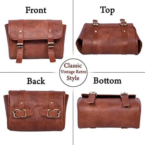 Genuine Leather Large Capacity Saddle Bag for Motorcycle Side Pouch Accessories Storage Panniers Motorbike Universal Handmade Saddlebags for Bike Commuters Handlebar Bicycle Brown Leather Tool Bag — view 6