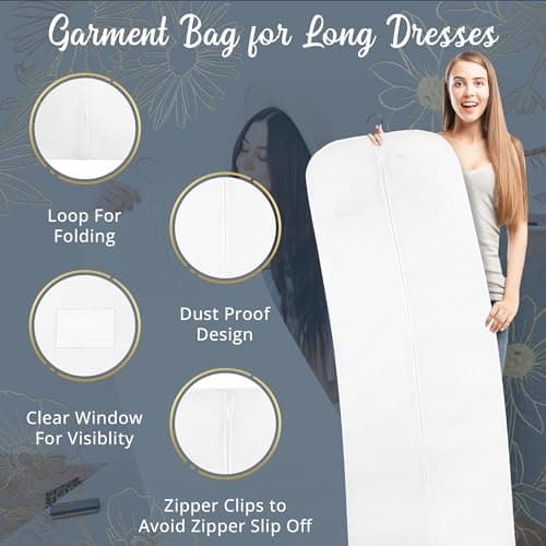 Wedcova Dress Bag | Hanging Garment Bags | Full Length Travel Covers | Wedding Long Clothes Storage Cover with Zipper for Women | 72 Inch (182cm) | Pack of 1 | White — view 4