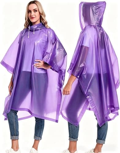 Rain Ponchos for Adults, Emergency Use, 2 Pack, Reusable, Hooded, Purple — view 4