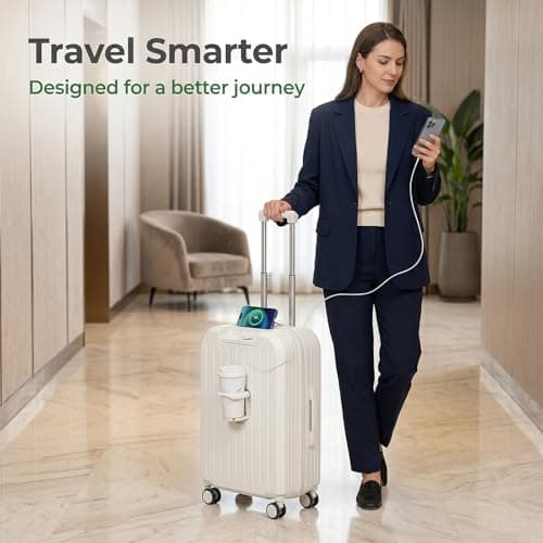 joukares 20 Inch Hard Shell Suitcase with USB Interface, Folding Cup Holder, Hanging Hook and Code Lock, Scratch Resistant Cabin Luggage with Silent 360° Spinner Wheels (White) — view 3