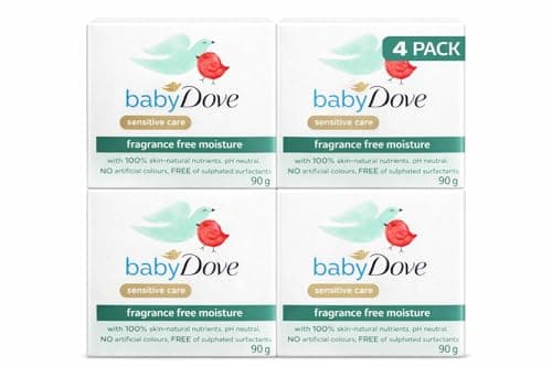 BABY DOVE Fragrance Free Moisture Bathing Soap Bar for Sensitive Baby Skin, Gentle Hypoallergenic Tear-Free Mild Cleanser, 4 x 90g