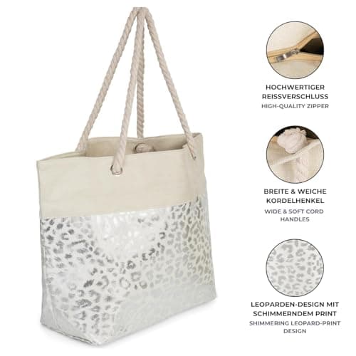 styleBREAKER Womens XXL Metallic Leopard Print Beach Bag,Beige-Silver — view 3