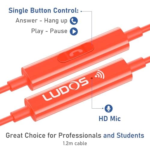 Ludos OMNITONE Wired Earbuds in-Ear Headphones, Earphones with Microphone, 5 Years Warranty, Noise Isolation Corded for 3.5mm Jack Ear Buds for iPhone, iPad, Samsung, Laptop, Gaming, Sports - Coral — view 3