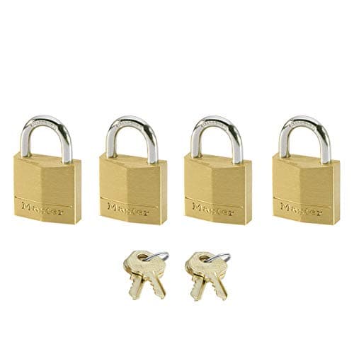 Master Lock Small Padlocks (Key) (Keyed Alike) 120EURQNOP - Best Used for Backpacks, Luggage, Computer Bags, Locker, Gym and More, Gold, 3,4 cm x 2 cm x 1 cm, (Family Pack of 4)