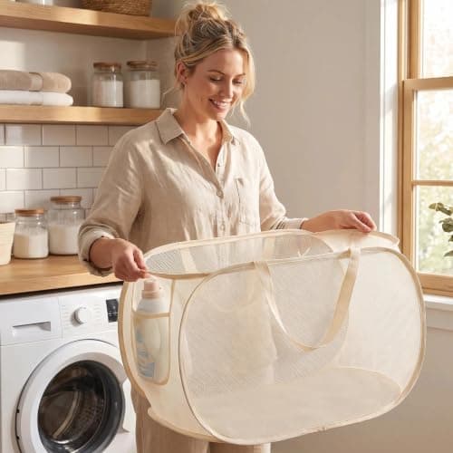HUANYO Durable Collapsible Laundry Basket, Mesh Pop-up Laundry Hamper with Handy Pocket and Reinforced Carry Handles, Foldable Clothes Hamper for Bathroom, Kids Room or Travel (beige) — view 4