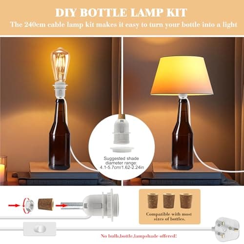 DIY Bottle Lamp Kit,Lamp Kit For Table Light, Bottle Light Adaptor, 15x20 cm White Table Lamp Base for Bedside Desk,E27 Bulb Holder with 240 cm Plug and Switch,Support Add Lampshade, for Living Room — view 6
