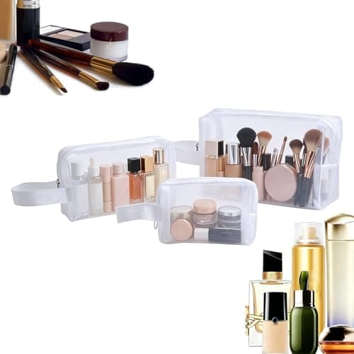 Mesh Makeup Bag With Zipper Convenient Portable Set Of 3 Pieces, White