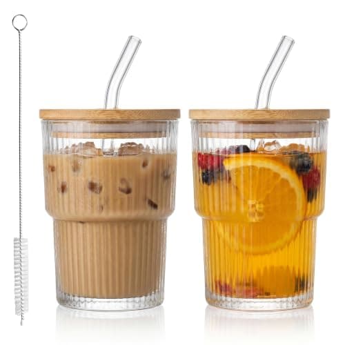 Tel Charme * 2 Pack 400ml Glass Tumbler with Wooden Lid & Straw