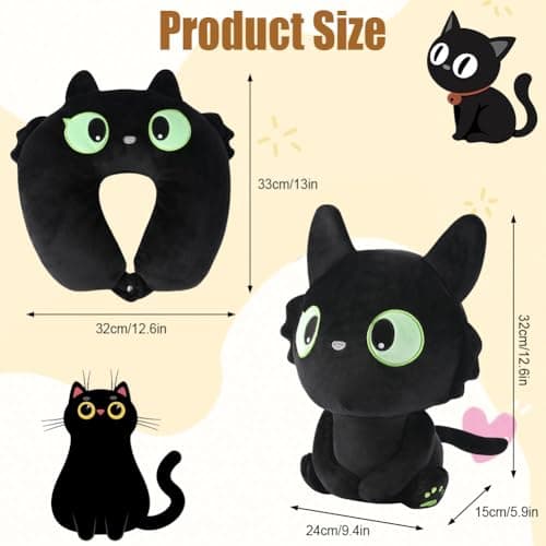 Alaoo Cute Neck Pillow, Deformable U-shaped Pillow with Animal, 2-in-1 Deformable Neck Pillows Play Companion for Adults, Kids, Children in Home, Office, Camping, Travelling, Sleeping, Black Cat — view 2